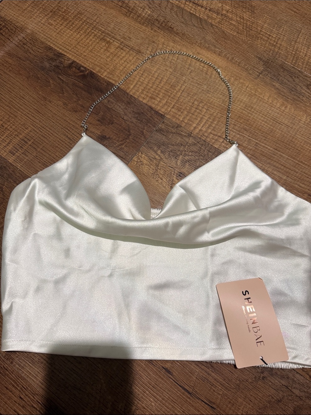 SHEIN White Satin Cowl Crop Top with Silver Chain Straps